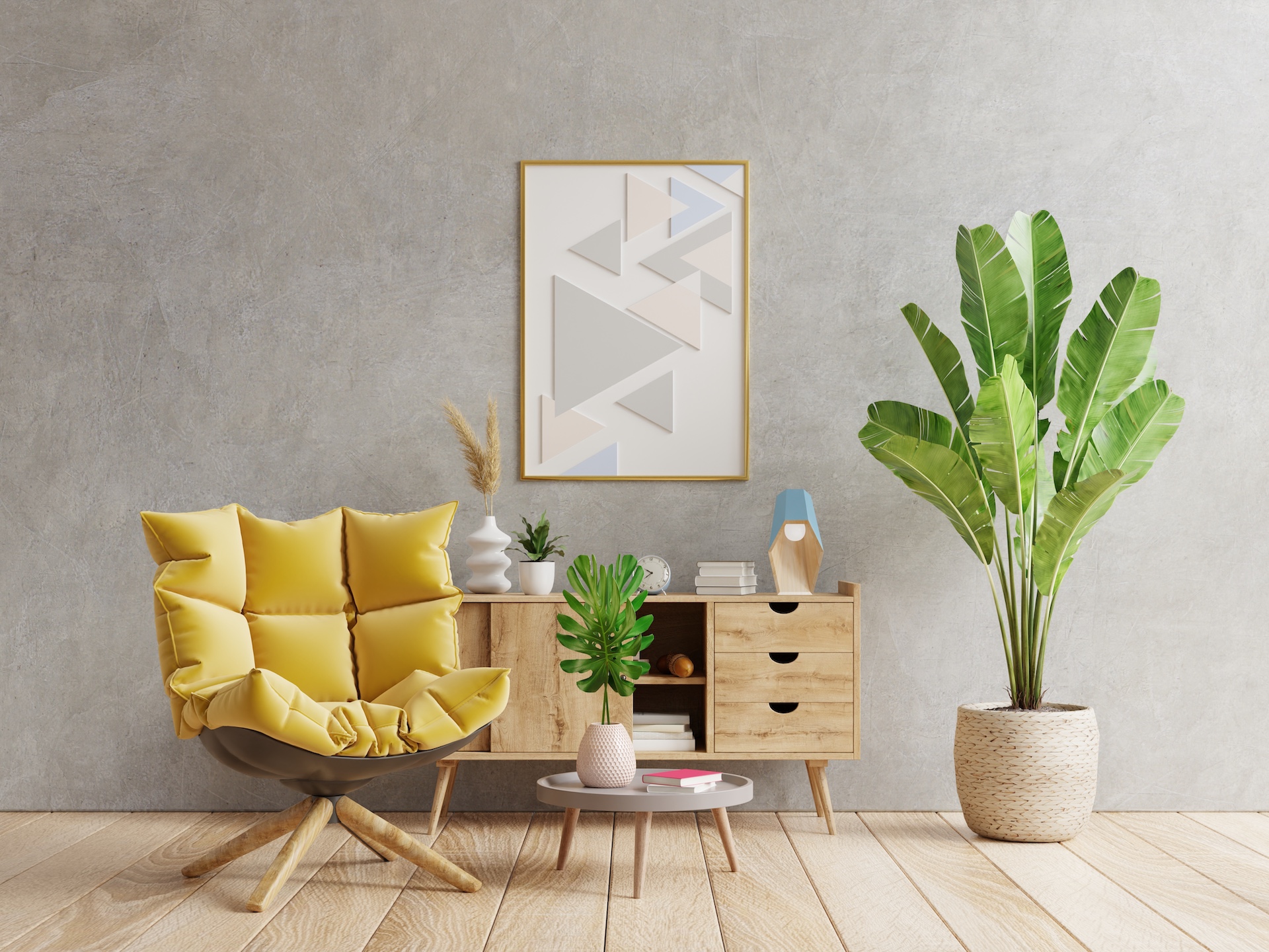 Poster mockup with vertical frame on empty dark concrete wall in living room interior with yellow armchair.3D rendering